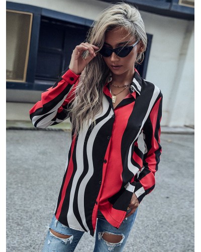 Blouse For Women Red Turndown Collar Stripes Buttons Long Sleeves Oversized Shirt Casual Street Wear Indoor Field