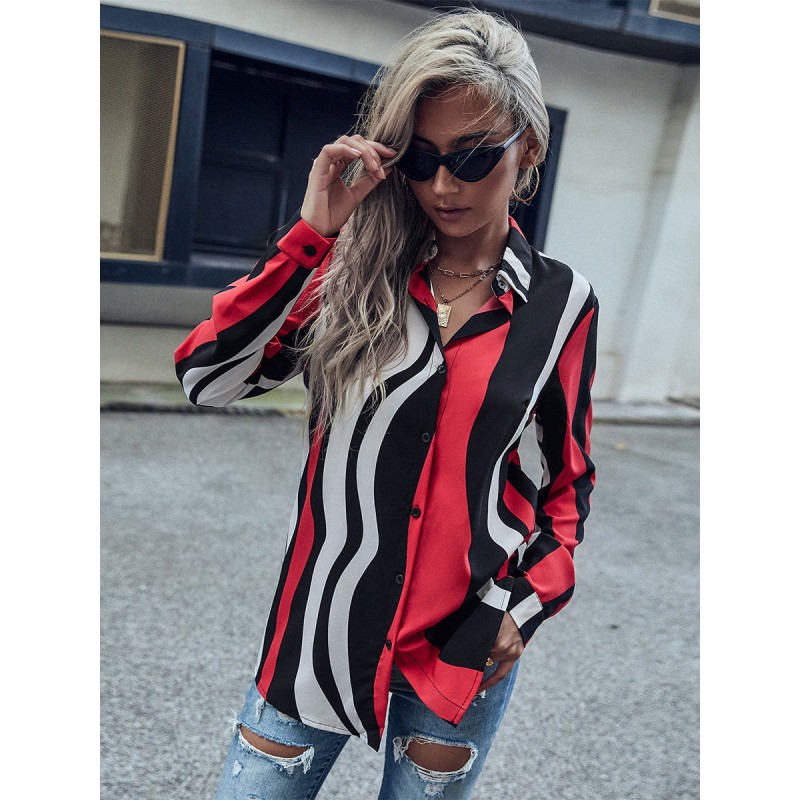 Blouse For Women Red Turndown Collar Stripes Buttons Long Sleeves Oversized Shirt Casual Street Wear Indoor Field