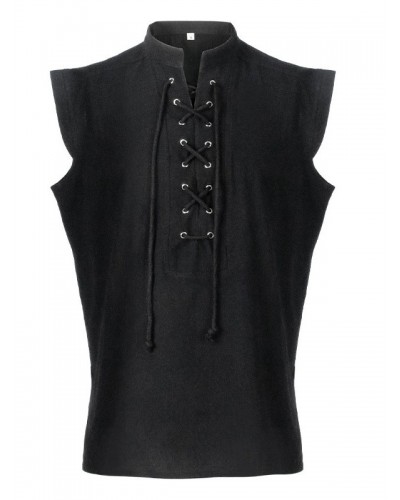 Men Black Top Lace Up Sleeveless Polyester Polyester Fiber Waistcoat Retro Costumes For Man Tops Vintage