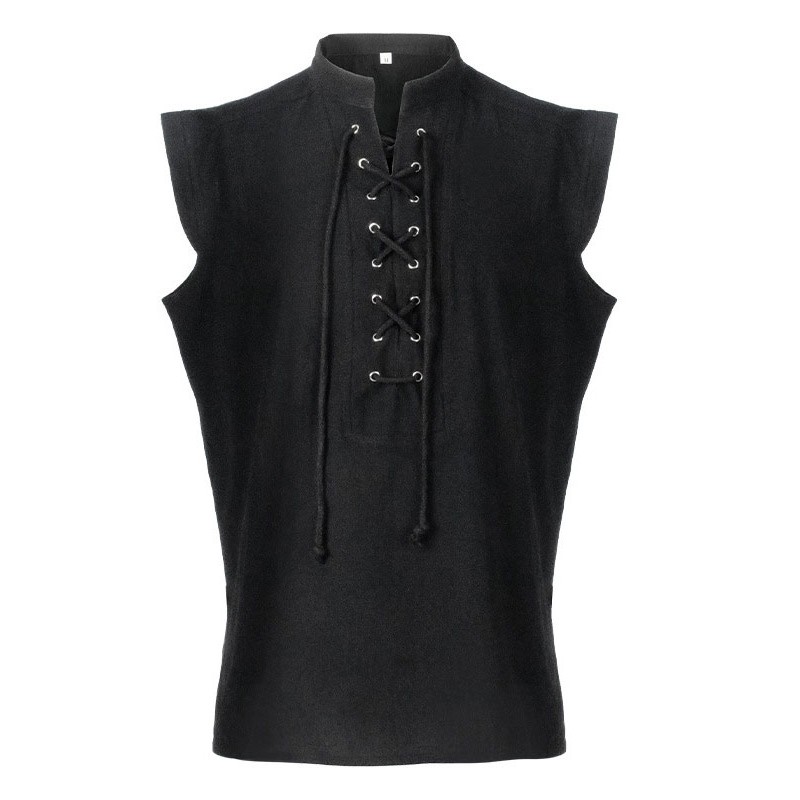 Men Black Top Lace Up Sleeveless Polyester Polyester Fiber Waistcoat Retro Costumes For Man Tops Vintage