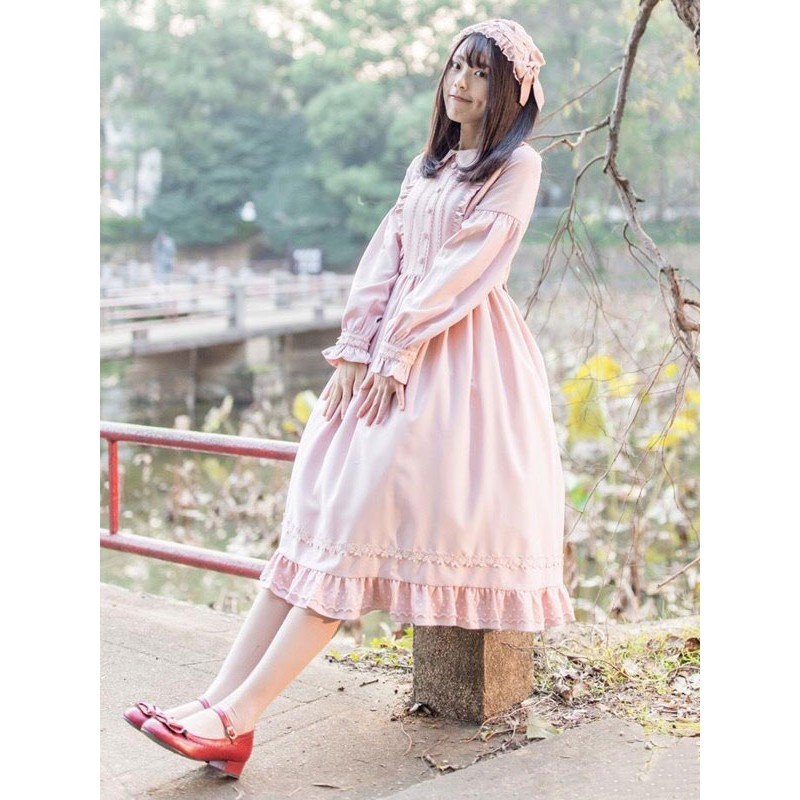 Lolita Dress OP Turndown Collar Ruffles Mid Calf One Piece Lolita Dress Sweet Spring Summer Fall Winter Tea Party