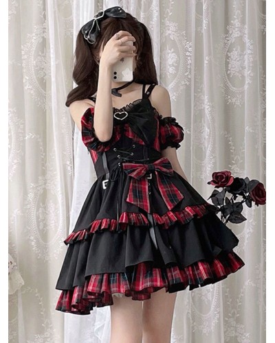 Pre-Sale Idol clothes Lolita JSK Dress Red Plaid Pattern Sleeveless Ruffles Bows Lace Up Lolita Jumper Skirt