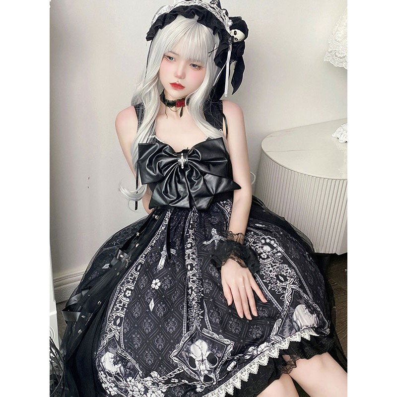 Gothic Lolita Dresses Bows Ruffles Floral Print Black Black