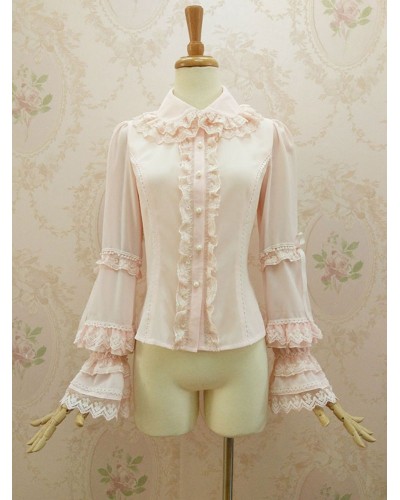 Rococo Lolita Blouses Chiffon Bell Sleeve Ruffles Lace Trim Frills Turndown Collar Soft Pink Lolita Top Tops ROCOCO Tea Party