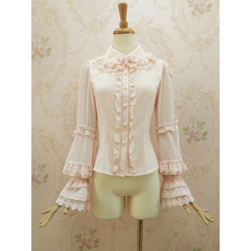 Rococo Lolita Blouses Chiffon Bell Sleeve Ruffles Lace Trim Frills Turndown Collar Soft Pink Lolita Top Tops ROCOCO Tea Party