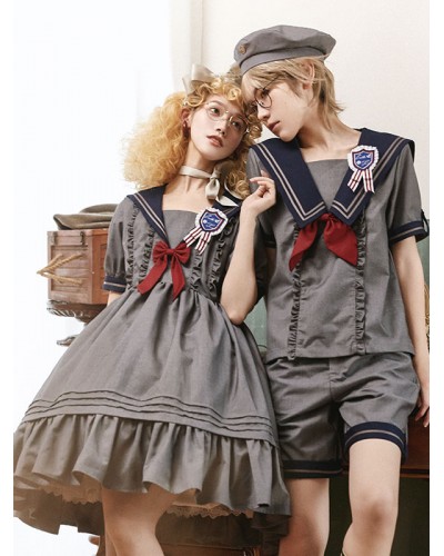 【boy】Navy Style Lolita Outfits Black Bows Ruffles Short Sleeves Top Cravat Pants Sets Navy Style Daily Casual Tea Party