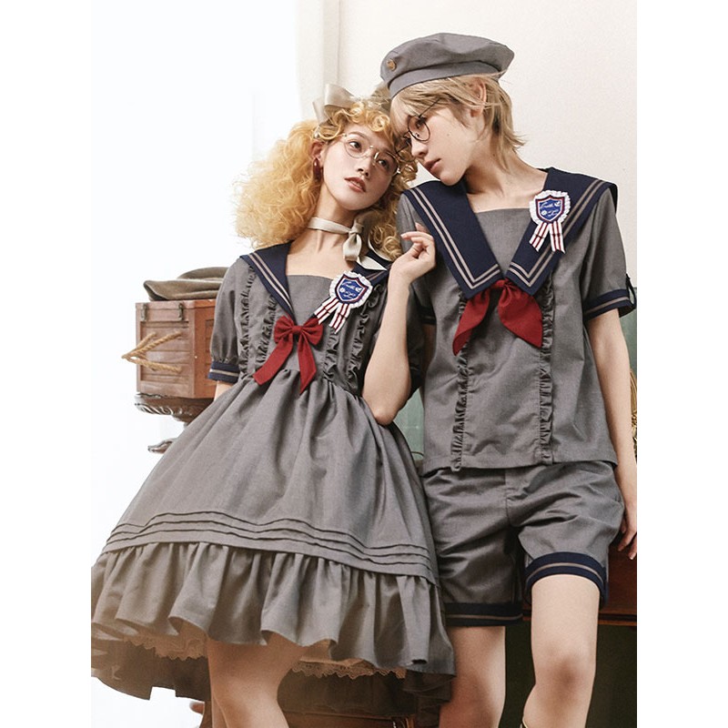 【boy】Navy Style Lolita Outfits Black Bows Ruffles Short Sleeves Top Cravat Pants Sets Navy Style Daily Casual Tea Party