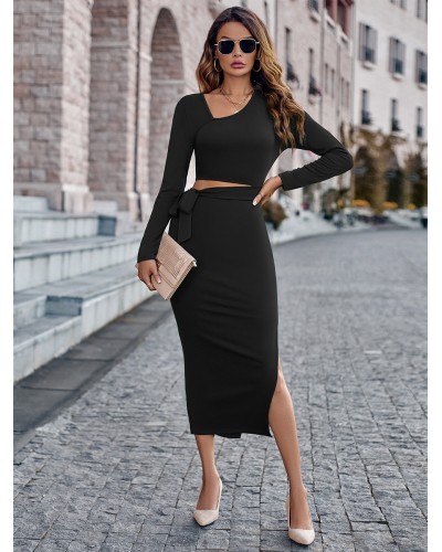 Bodycon Dresses Brick Red Long Sleeves Split Front V-Neck High-slit Midi Dress Sheath Dress Sexy Spring Fall