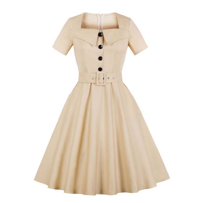 Women Vintage Dress Short Sleeve Cotton Square Neck Buttons Belt Apricot Summer Dress Daily Casual