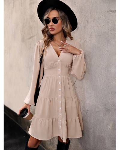 Midi Dress Buttons Layered Polyester V-Neck Long Sleeves Elegant Casual Spring Fall