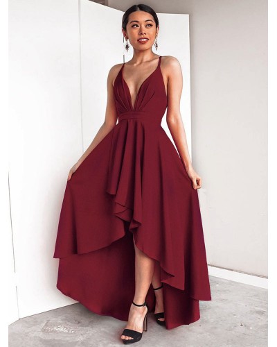 Birthday Sexy Long Dress Women Sleeveless Plunging Neck Backless High Low Burgundy Maxi Dress Elegant Ball