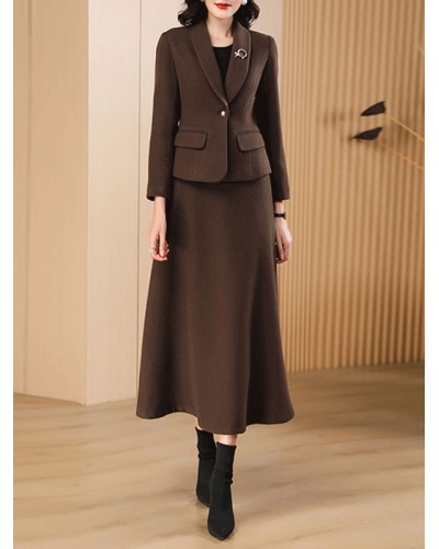 Wool Skirt Set For Women Deep Brown Winter Outerwear 2023 Classic  Traditional Casual Indoor Field Dating