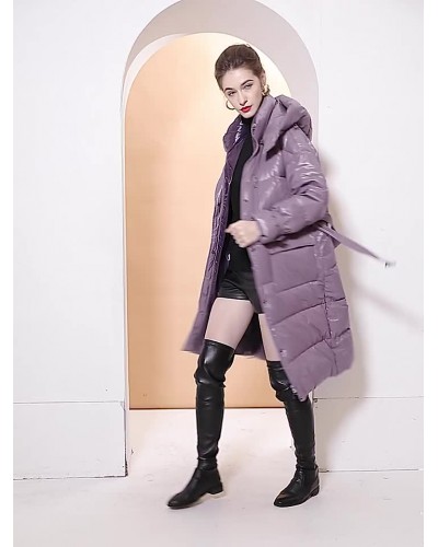 Hooded Down Coat Purple Long Puffer Belted Outerwear For Women Classic  Traditional Casual Fall Winter