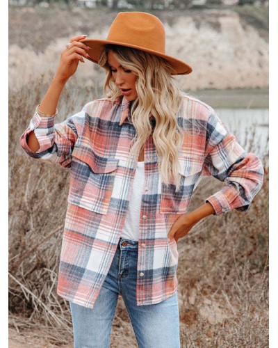 Blouse For Women Pink Turndown Collar Plaid Buttons Pockets Long Sleeves Tops Sexy Street Wear