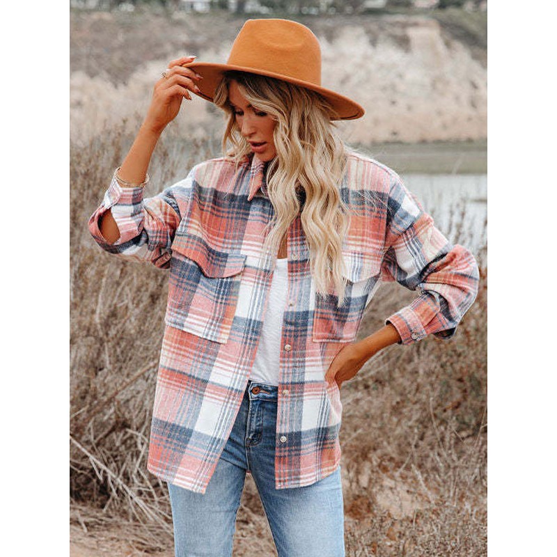 Blouse For Women Pink Turndown Collar Plaid Buttons Pockets Long Sleeves Tops Sexy Street Wear