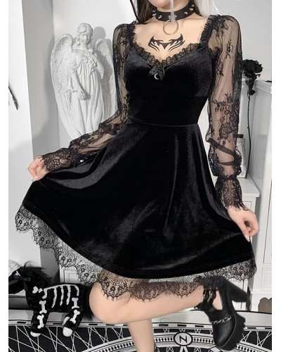 Women Punk Black Dress Sweetheart Neck Long Sleeves Lace Polyester Dress Gothic Cosplay