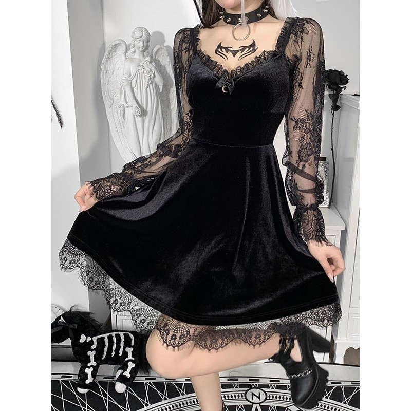 Women Punk Black Dress Sweetheart Neck Long Sleeves Lace Polyester Dress Gothic Cosplay