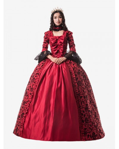 Women Victorian Dress Costume 's Ture Red Trim Ruffle Floral Print Victorian Era Style Set Matte Satin Ball With Choker Vintage Clothing Halloween Sets Victorian Era