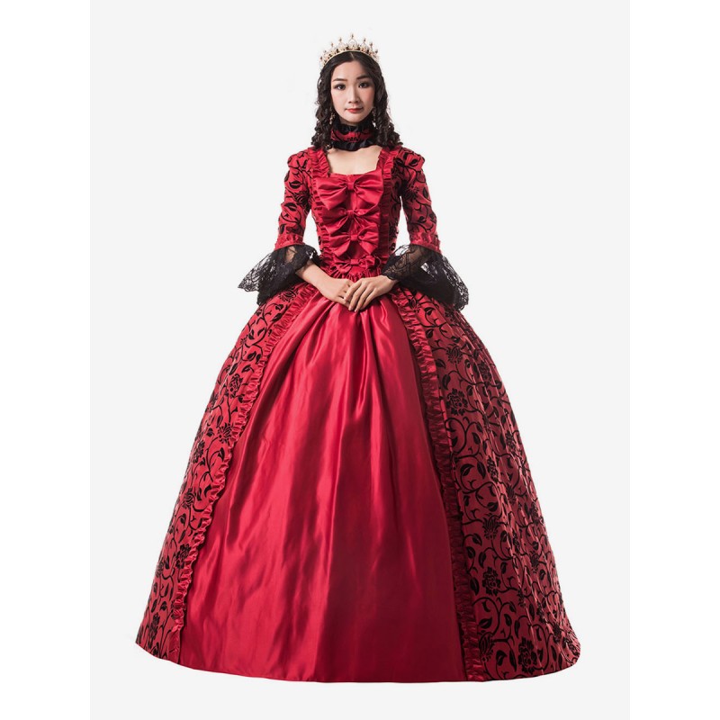 Women Victorian Dress Costume 's Ture Red Trim Ruffle Floral Print Victorian Era Style Set Matte Satin Ball With Choker Vintage Clothing Halloween Sets Victorian Era