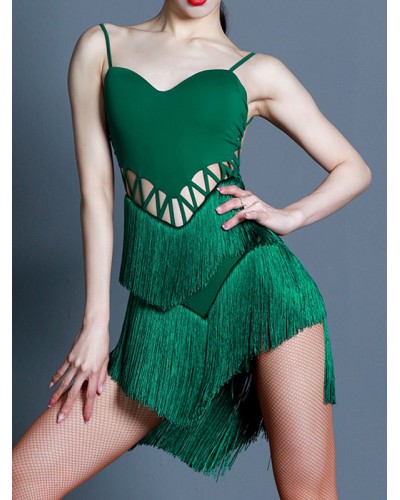 Latin Dance Costume Green Women's Lycra Spandex Dress Fringe Latin Dancer Costume Sexy Dancing Ball