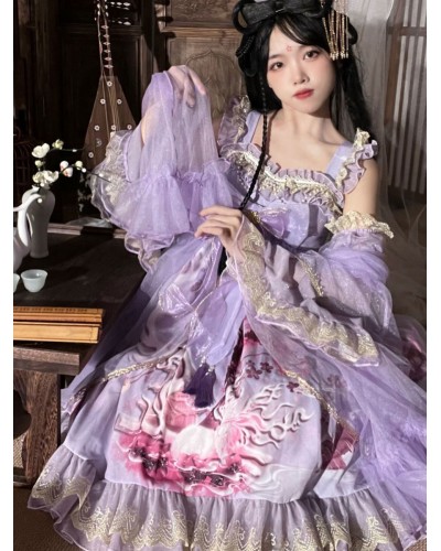 Chinese Style Lolita Dress Ruffles Sleeveless Polyester Chinese Style Floral Print Burgundy Chinese Style Lolita