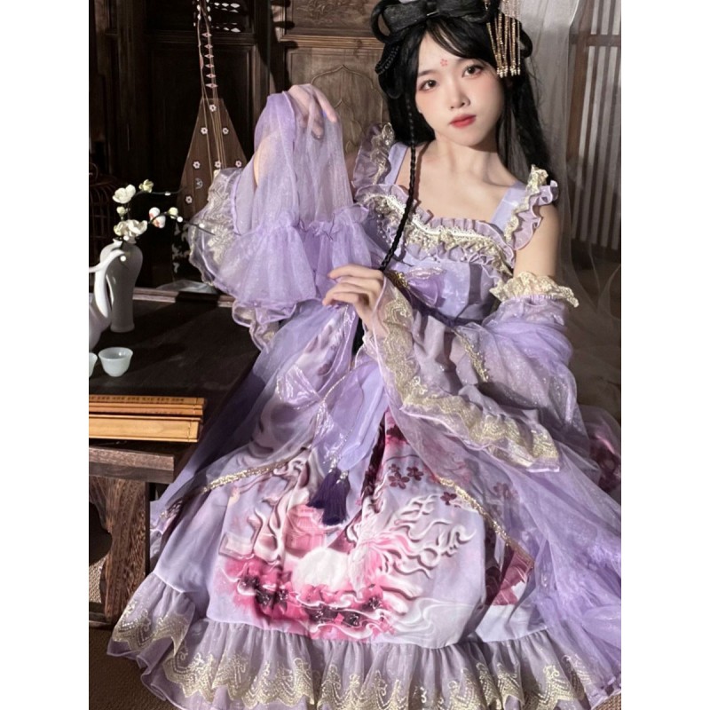 Chinese Style Lolita Dress Ruffles Sleeveless Polyester Chinese Style Floral Print Burgundy Chinese Style Lolita