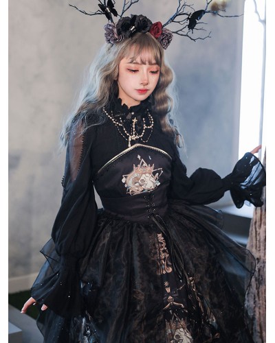 Gothic Lolita Blouses Black Lolita Top Long Sleeves Lace Lolita Shirt Spring Summer Fall