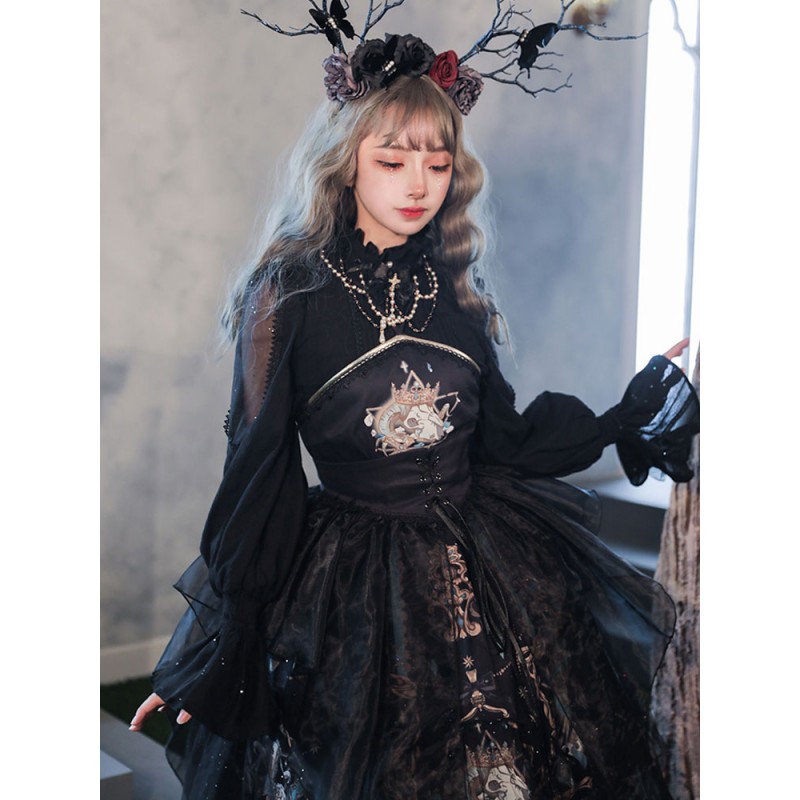 Gothic Lolita Blouses Black Lolita Top Long Sleeves Lace Lolita Shirt Spring Summer Fall