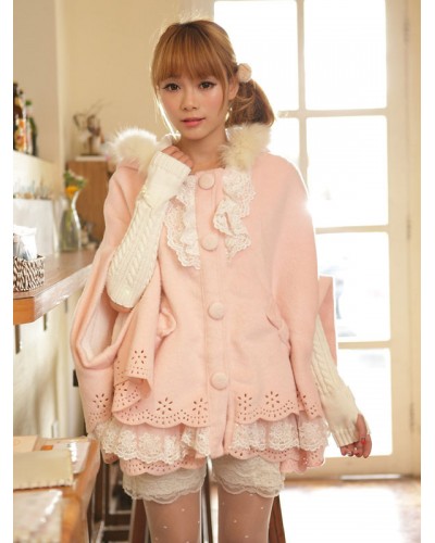 Sweet Lolita Cloak Pink Lace Hooded Faux Fur Bow Half-Sleeve Lolita Cape