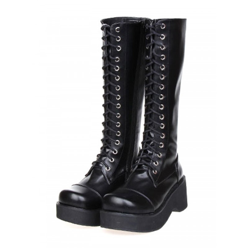 Gothic Black Lolita Boots Platform Shoelace Zip Designed