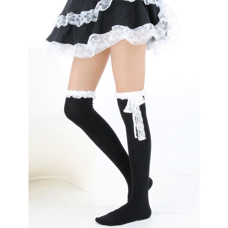 Sweet White Black Cotton Lolita Knee High Socks Lace Trim Bow Decor