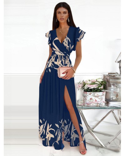 Women Maxi Dress Short Sleeves V-Neck Floral Print Party Dress Summer