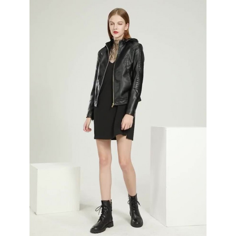 Jacket For Women PU Leather Hooded Spring Outerwear 2023 Moto Fall