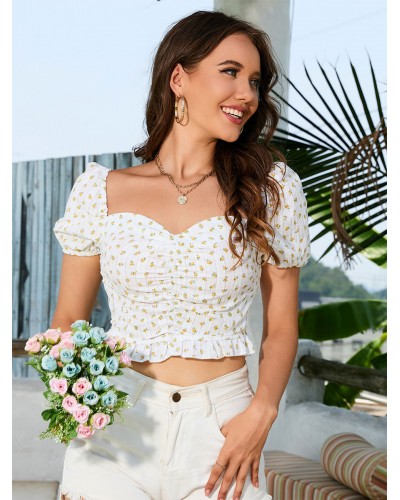 Women Crop Top White Backless Heart Neck Floral Print Zipper Short Sleeves Tops Sweet Casual Summer