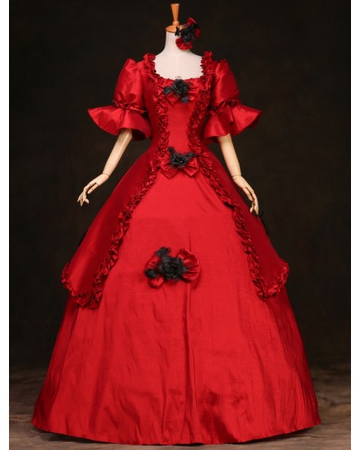 Victorian Dress Costume French Princess Ruffles Red Ball Gown Half Sleeves Victorian Era Outfits Retro Costumes Dress ROCOCO Halloween Holiday Pageant