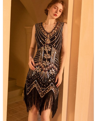 Women Party Dresses Black Gold V-Neck Sequins Sleeveless Geometric Semi Formal Dress Vintage Spring Summer