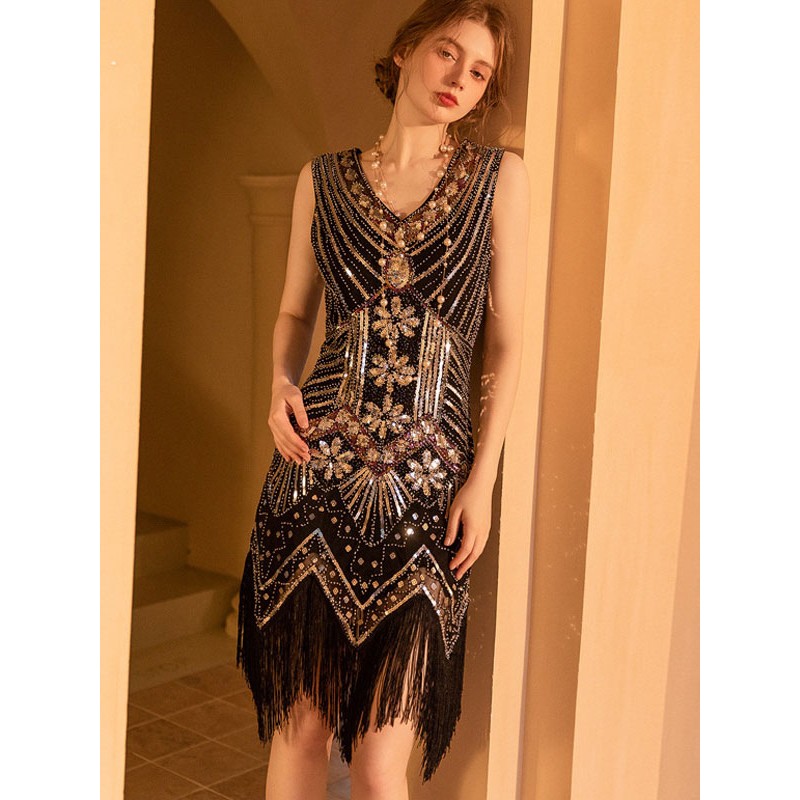 Women Party Dresses Black Gold V-Neck Sequins Sleeveless Geometric Semi Formal Dress Vintage Spring Summer