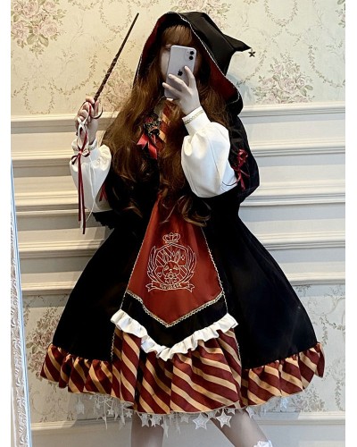 Academic Lolita OP Dress 2-Piece Set Black Lace Up Long Sleeve Lolita One Piece Dresses Cloak Mage Lolita Outfits Daily Casual