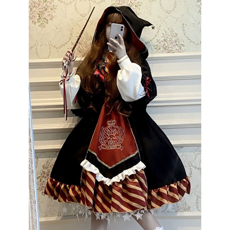 Academic Lolita OP Dress 2-Piece Set Black Lace Up Long Sleeve Lolita One Piece Dresses Cloak Mage Lolita Outfits Daily Casual