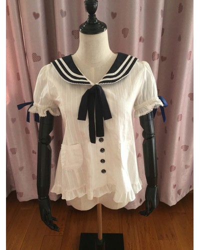 Two-Toned Bow Tie Ruched Cotton Lolita Shirt For Women Lovely