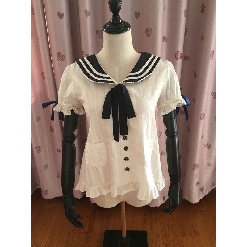 Two-Toned Bow Tie Ruched Cotton Lolita Shirt For Women Lovely