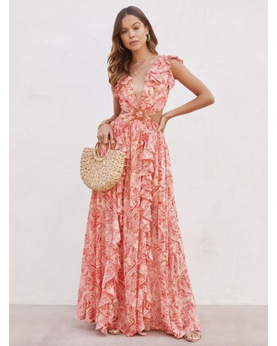 Floral Dresses Layered Ruffles V-Neck Sleeveless Backless Front Slit Sexy Long Dresses Maxi Summer