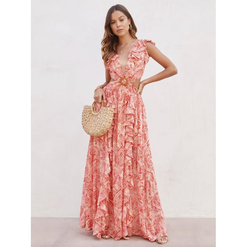 Floral Dresses Layered Ruffles V-Neck Sleeveless Backless Front Slit Sexy Long Dresses Maxi Summer