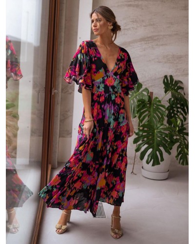 Birthday Dress Black V-Neck Ruffles Printed Beach Dress Summer Resort Wear