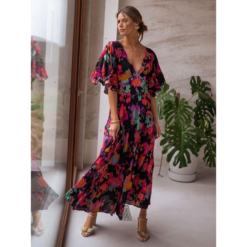 Birthday Dress Black V-Neck Ruffles Printed Beach Dress Summer Resort Wear