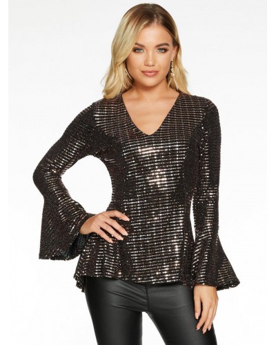 Long Sleeves Tees Black Sequined Sequins V-Neck Women T Shirt Casual Daily Casual Indoor Field