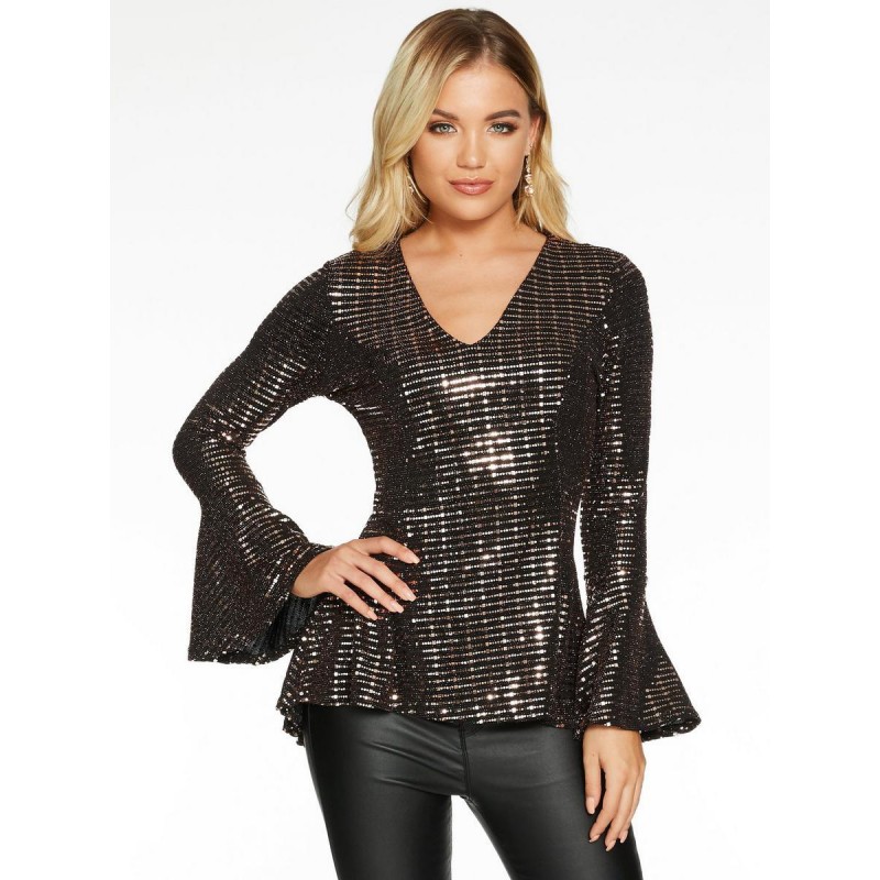 Long Sleeves Tees Black Sequined Sequins V-Neck Women T Shirt Casual Daily Casual Indoor Field