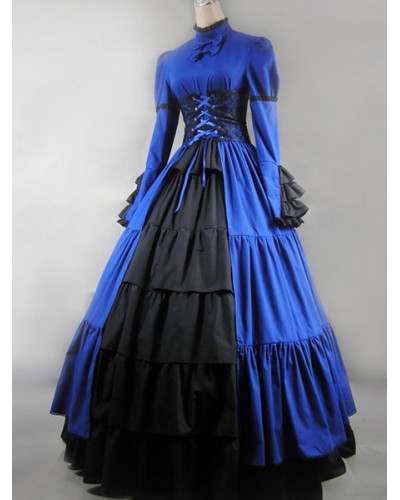 Victorian Dress Costume Blue Satin Ruffle Long Sleeves High Collar For Women's Clothing Corest Retro Outfits Halloween Victorian Era Holiday