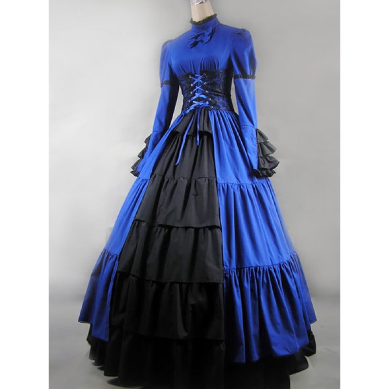 Victorian Dress Costume Blue Satin Ruffle Long Sleeves High Collar For Women's Clothing Corest Retro Outfits Halloween Victorian Era Holiday