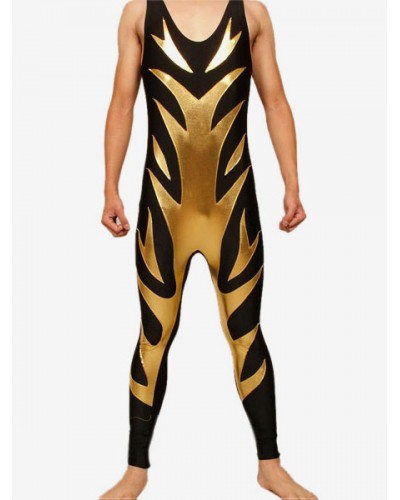 Men Black Shiny Metallic Wrestling Sleevesless Singlet With Golden Pattern Bodysuit